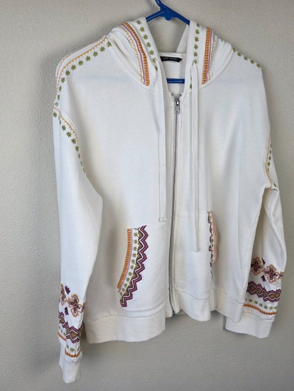 Driftwood Womens Hoodie Full Zip Sweatshirt Size L Cream Embroidered Boho Jacket - Picture 3 of 7